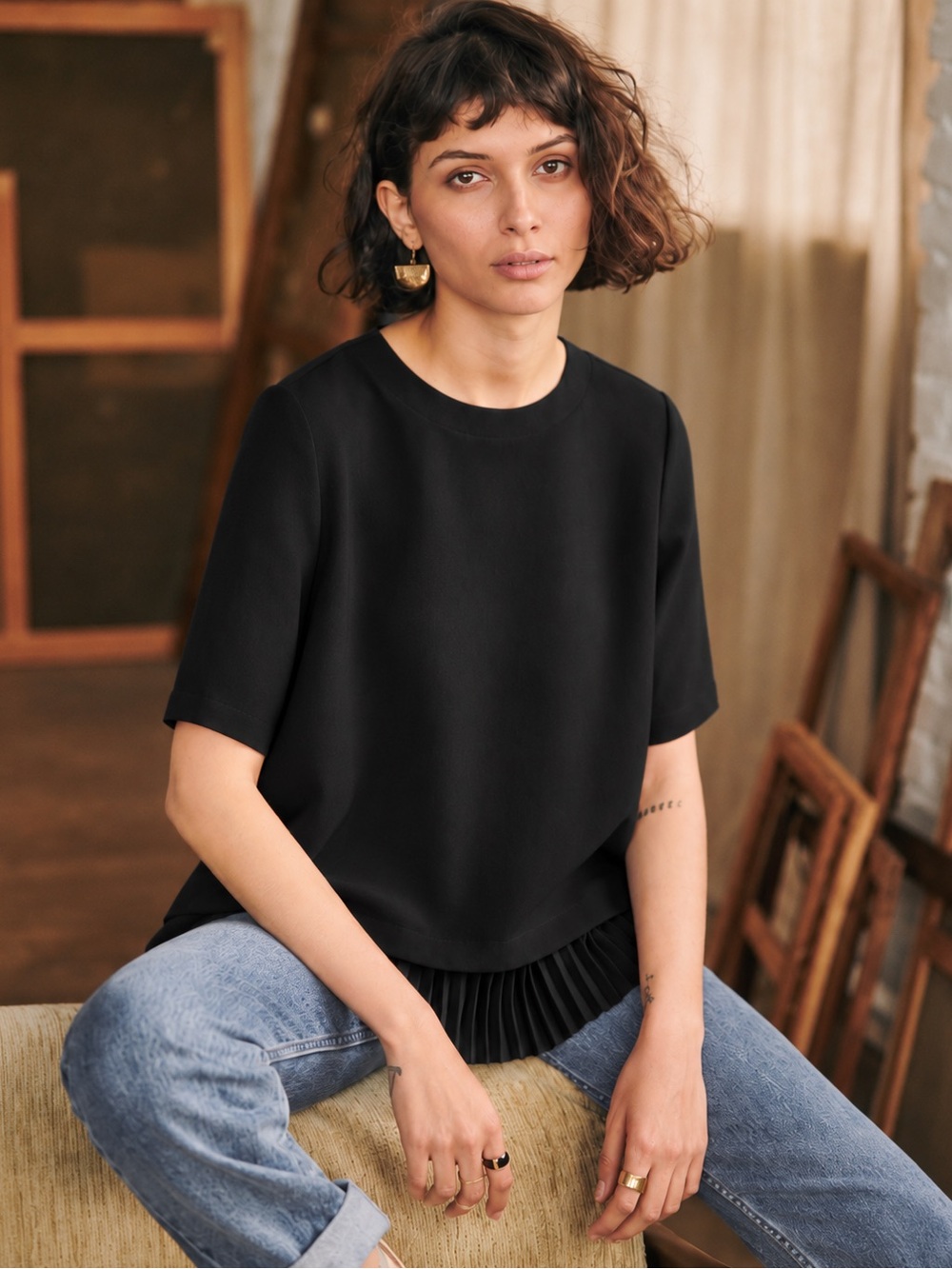 Sézane Pernille Black Pleated Blouse US 6 / FR 38